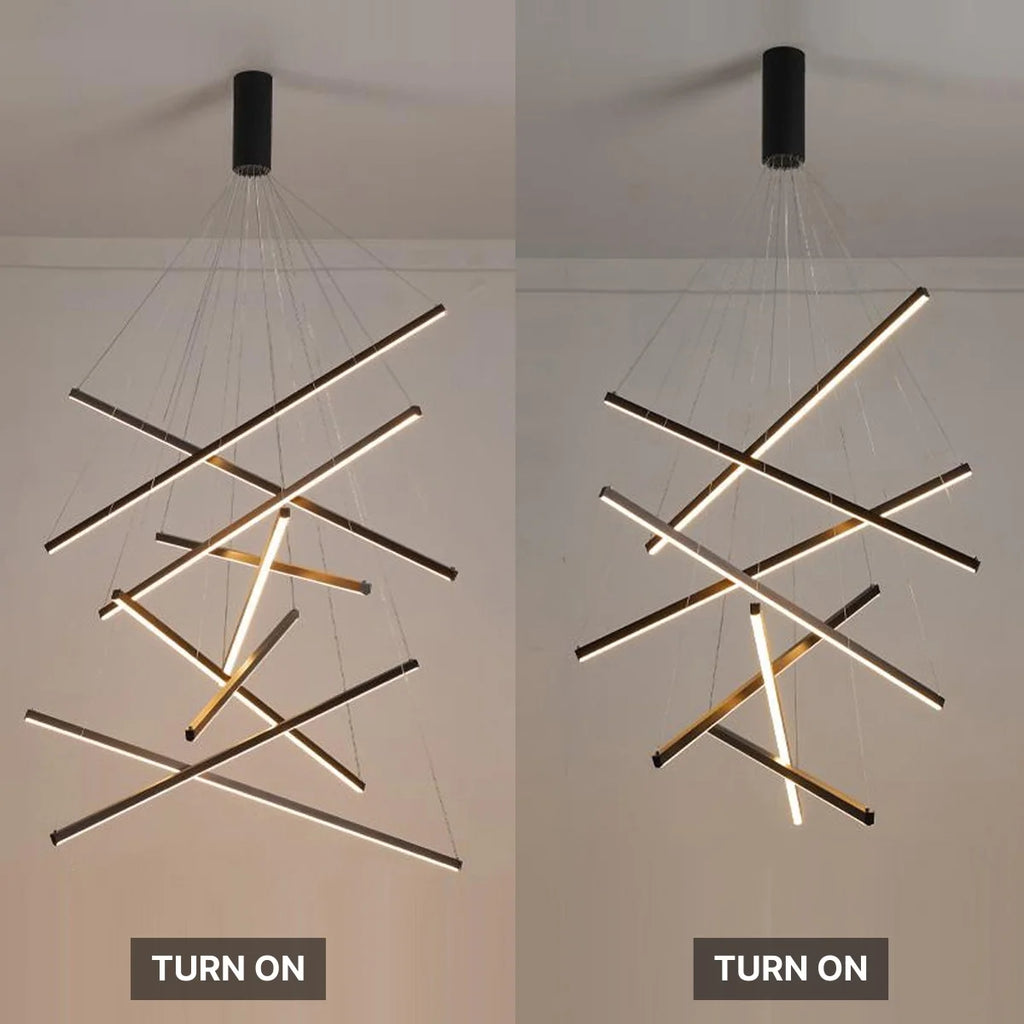 linear chandelier over dining table