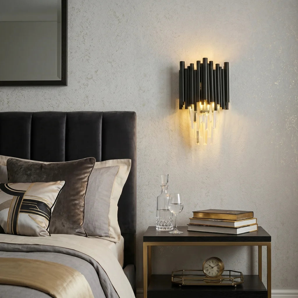 Nocturne matte black decorative wall sconce for sophisticated hallway and bedside lighting